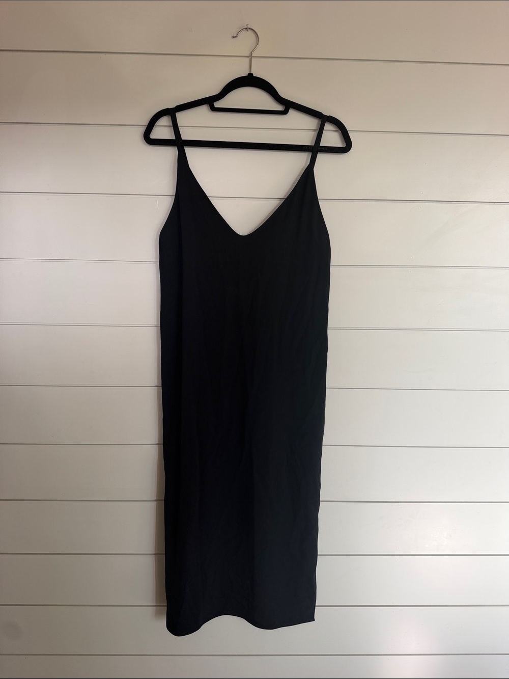 Everlane Black Satin Midi Slip Dress with Spaghetti Straps